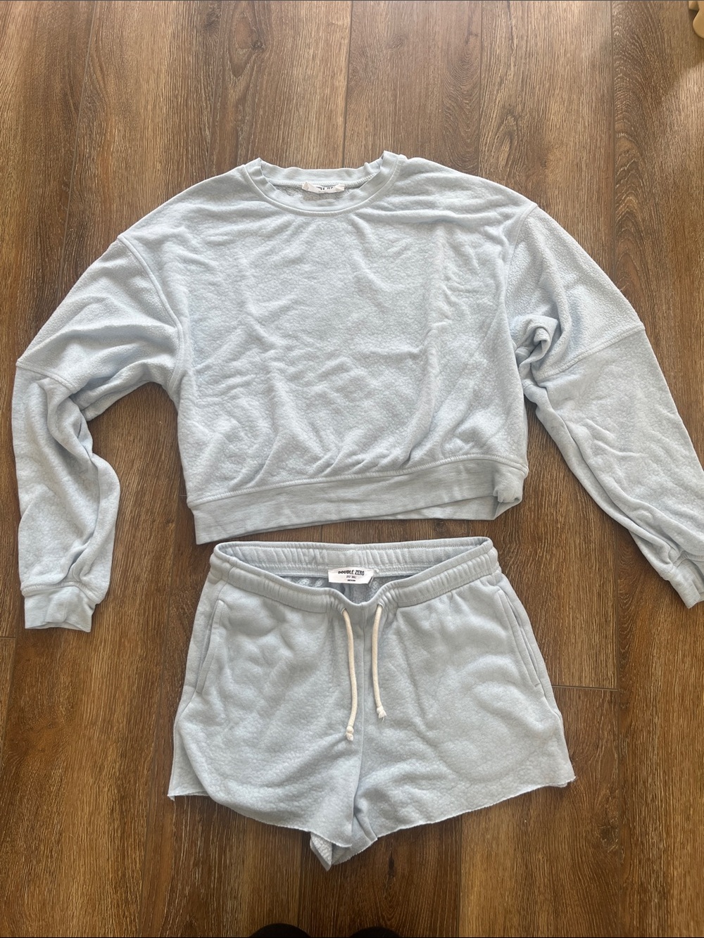 Double Zero Pale Blue Terry Cropped Sweatshirt & Drawstring Shorts Set